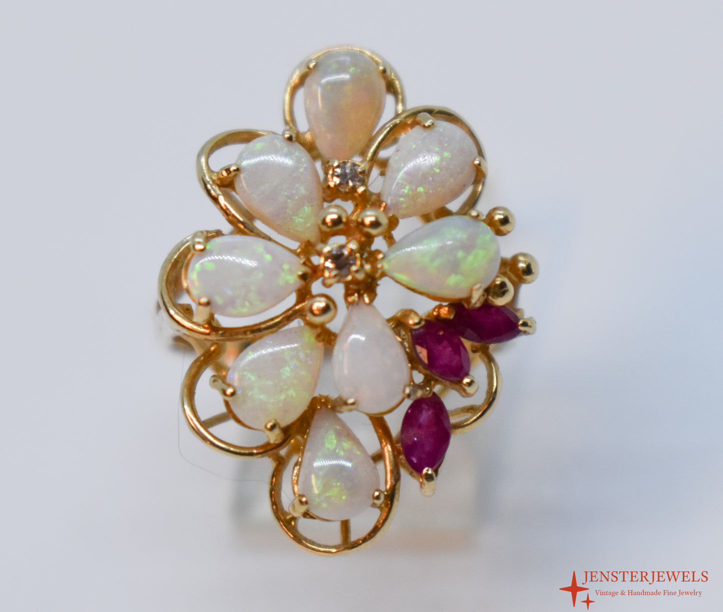 Vintage 14k Yellow Gold Opal, Ruby & Diamond Cocktail Cluster Ring Size 6 1/2