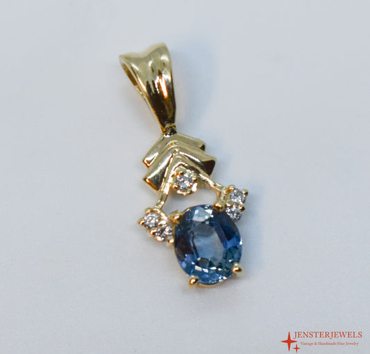 Vintage 14k Yellow Gold Cornflower Blue Sapphire & Diamond Pendant