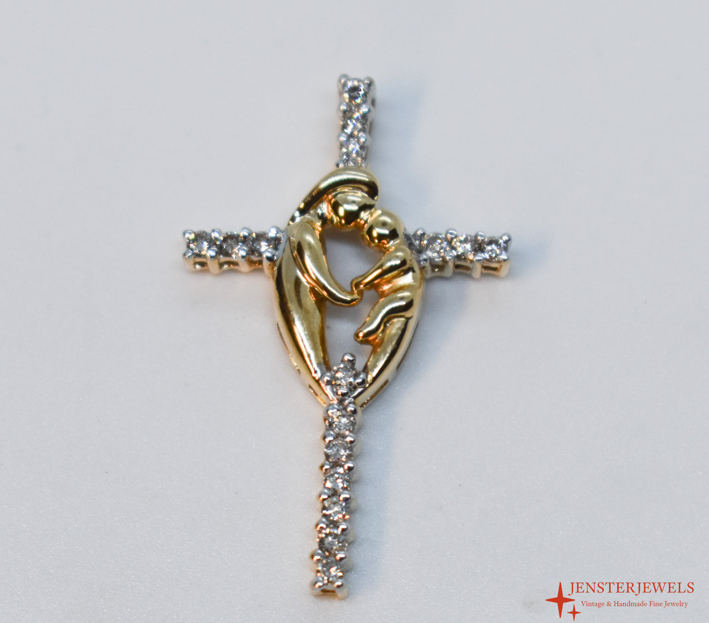 Vintage 14k Yellow Gold Diamond Mother & Child Cross Pendant