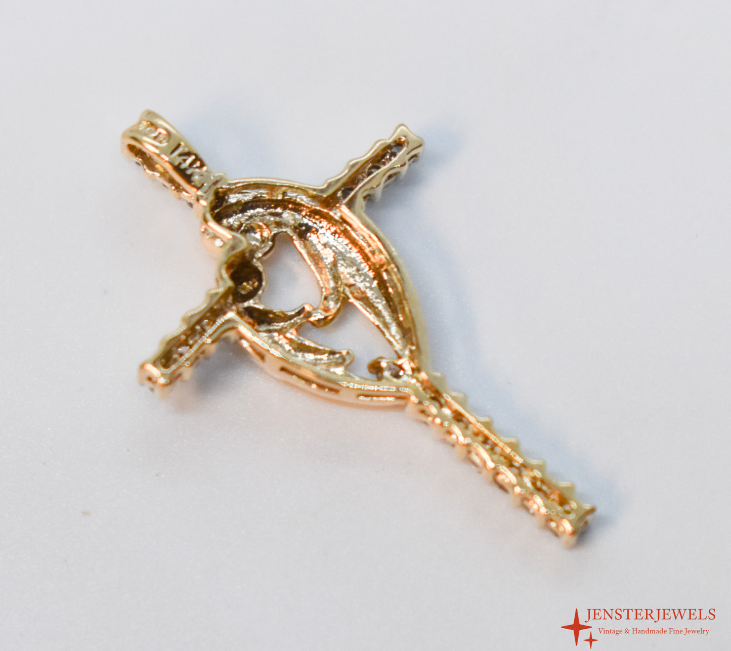 Vintage 14k Yellow Gold Diamond Mother & Child Cross Pendant