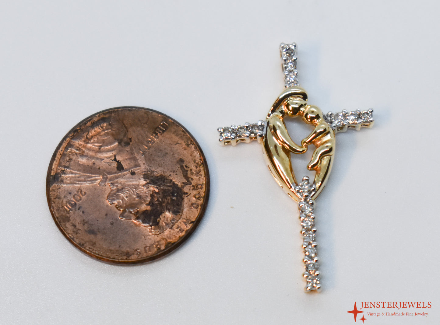 Vintage 14k Yellow Gold Diamond Mother & Child Cross Pendant