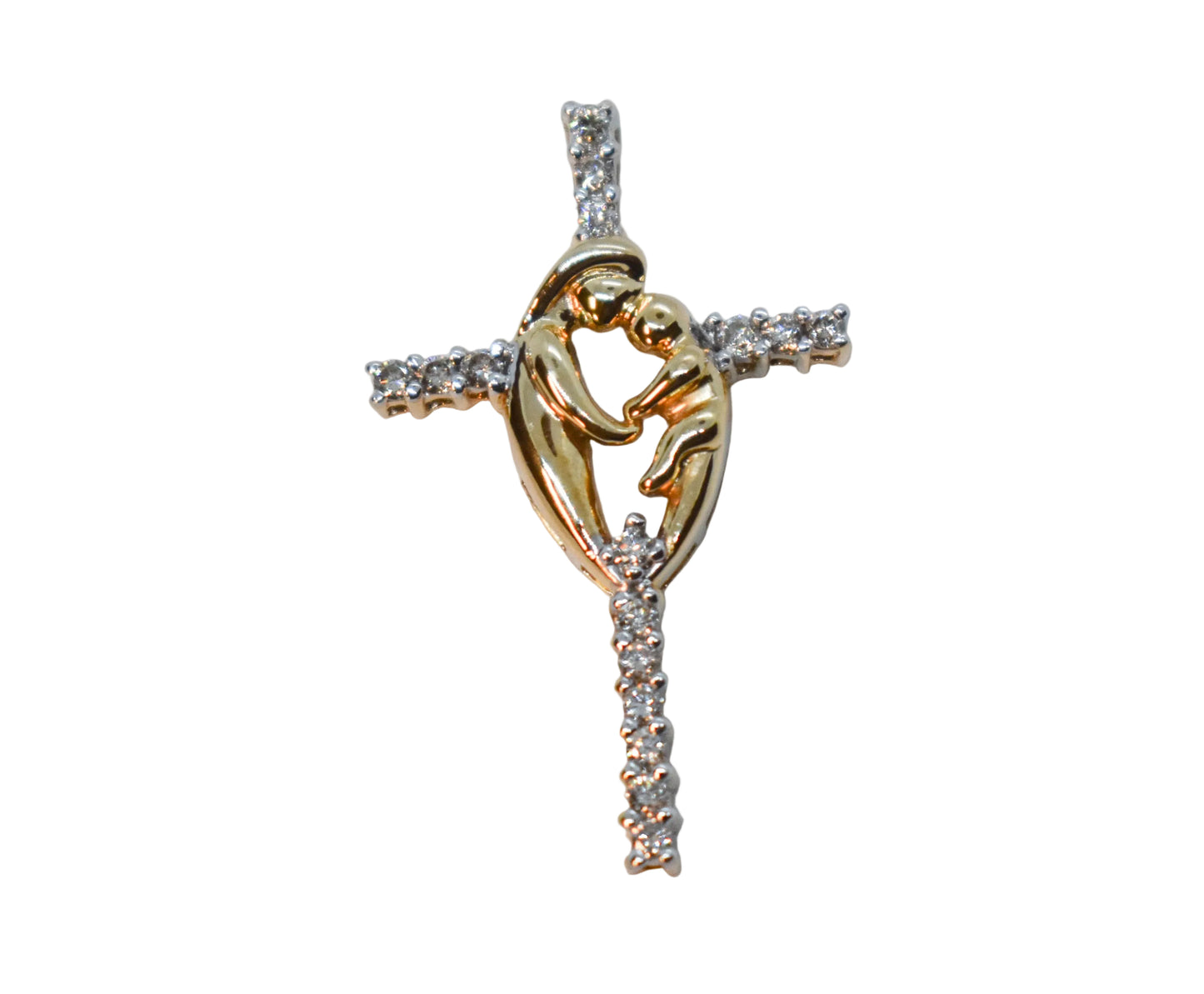Vintage 14k Yellow Gold Diamond Mother & Child Cross Pendant