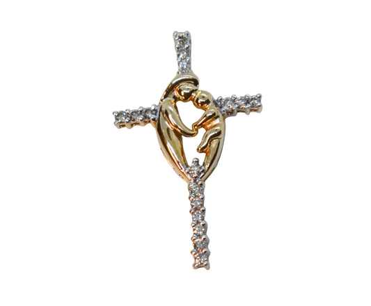 Vintage 14k Yellow Gold Diamond Mother & Child Cross Pendant