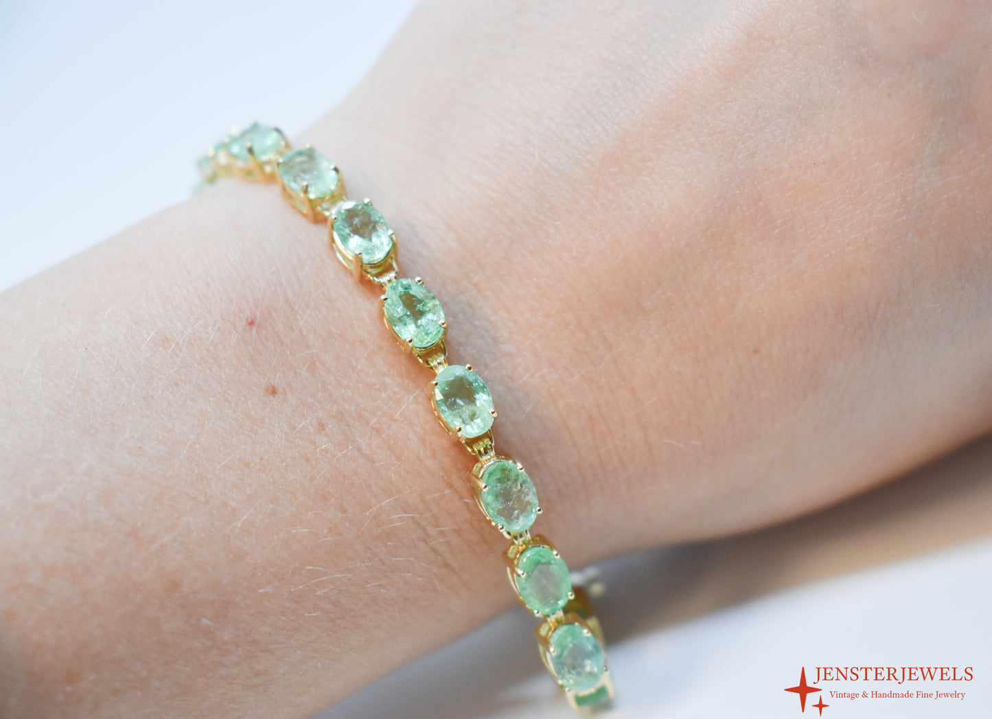 Vintage 14k Yellow Gold Natural Emerald Tennis Bracelet 7"