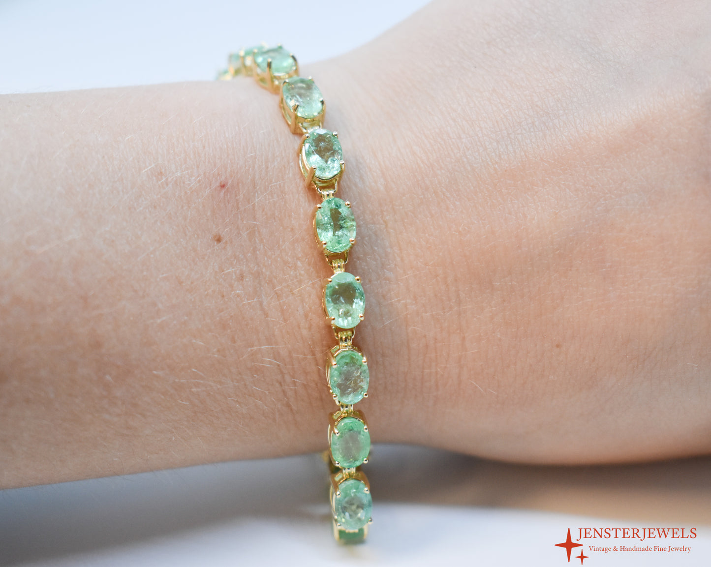 Vintage 14k Yellow Gold Natural Emerald Tennis Bracelet 7"