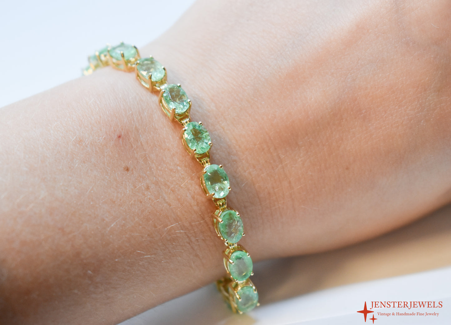 Vintage 14k Yellow Gold Natural Emerald Tennis Bracelet 7"