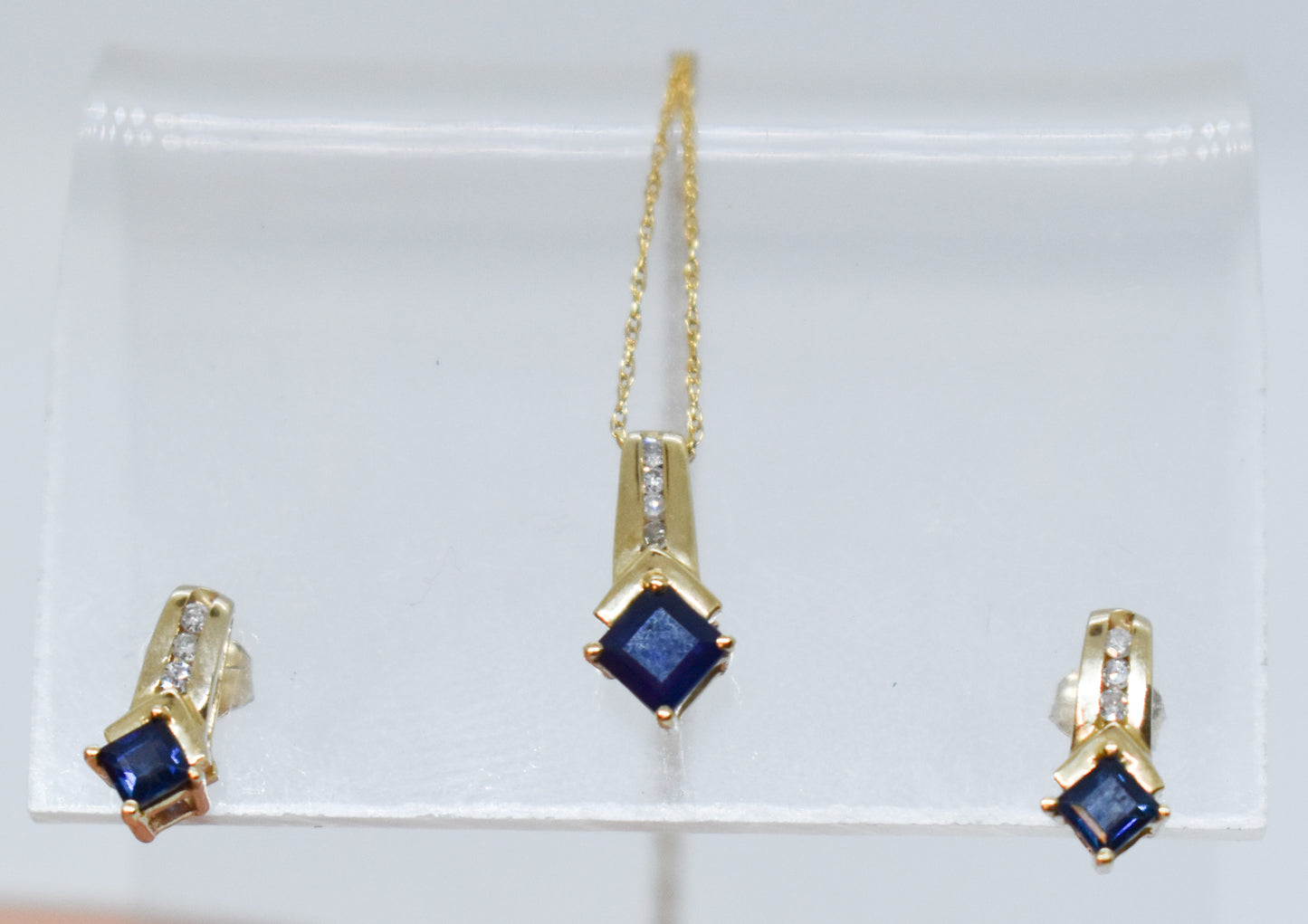 Vintage 10k Yellow Gold Sapphire & Diamond Necklace + Earrings Set