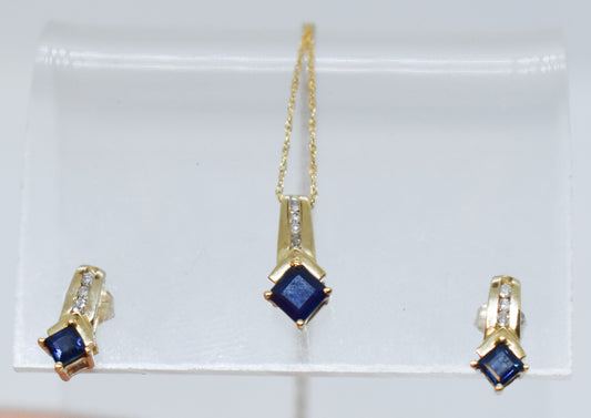 Vintage 10k Yellow Gold Sapphire & Diamond Necklace + Earrings Set
