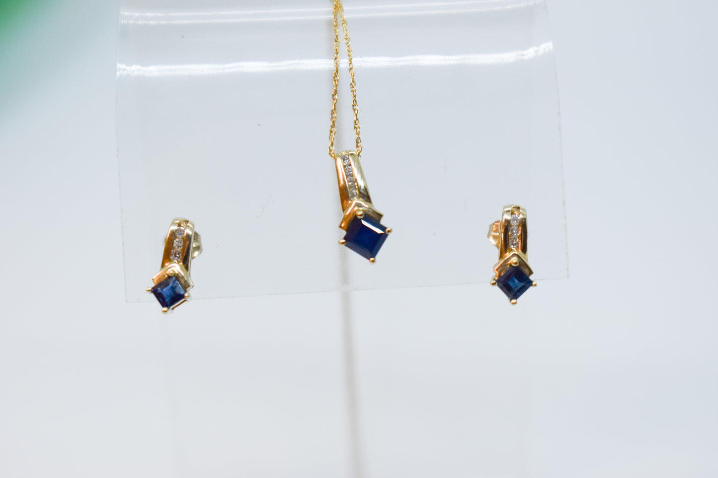 Vintage 10k Yellow Gold Sapphire & Diamond Necklace + Earrings Set