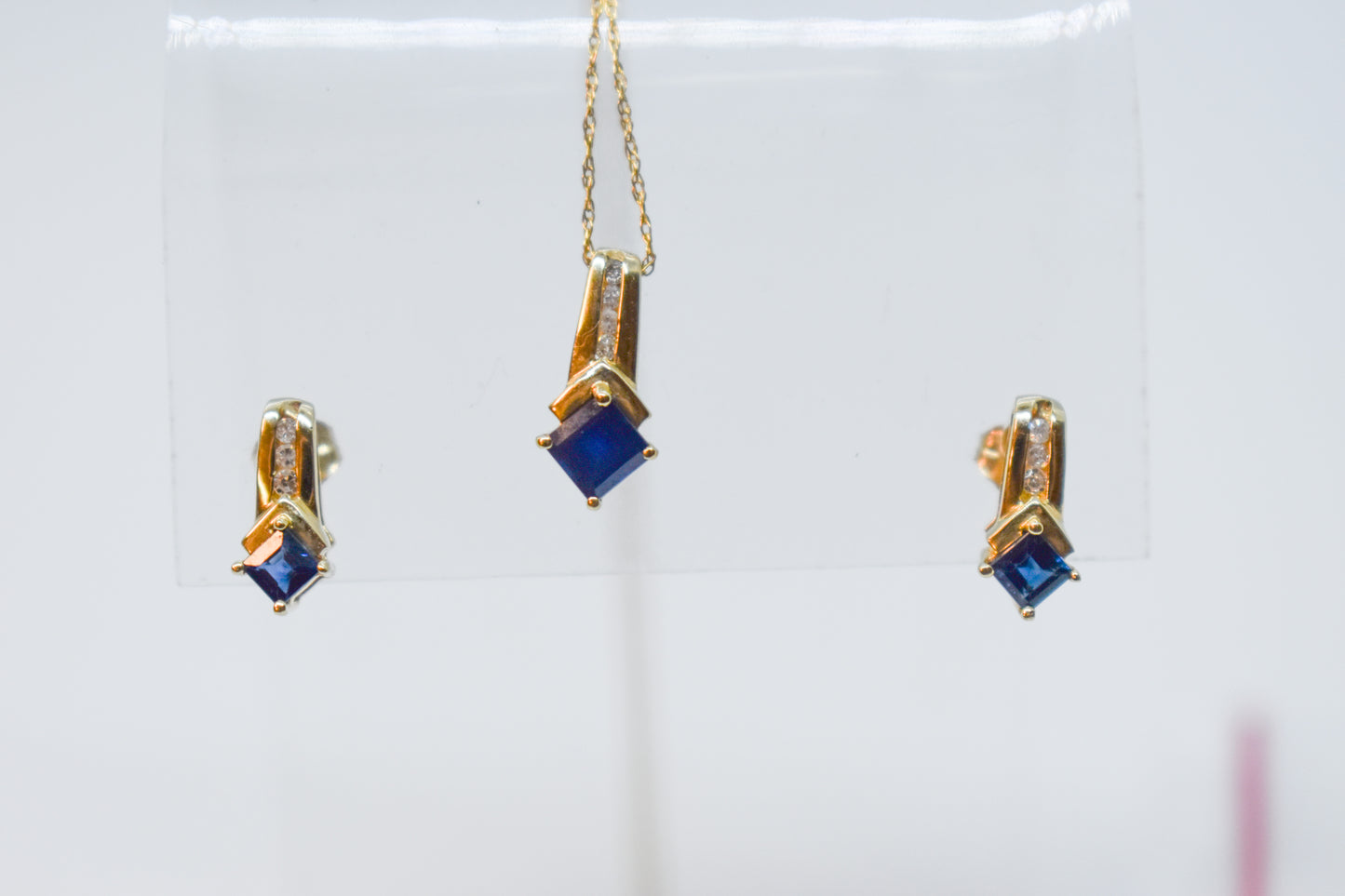 Vintage 10k Yellow Gold Sapphire & Diamond Necklace + Earrings Set