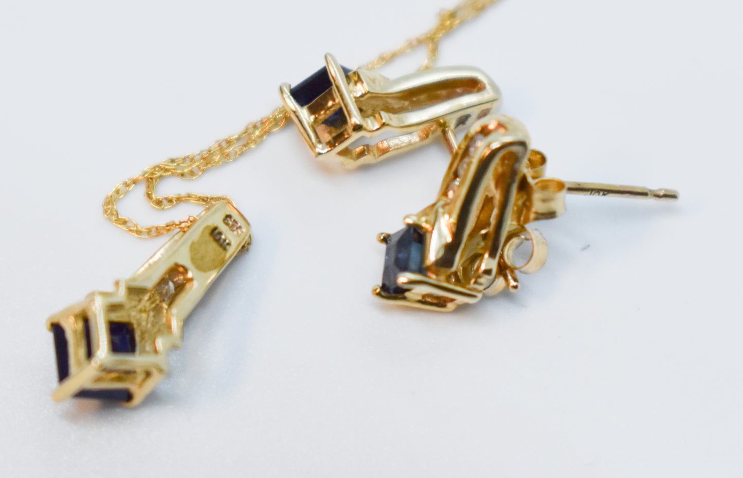 Vintage 10k Yellow Gold Sapphire & Diamond Necklace + Earrings Set