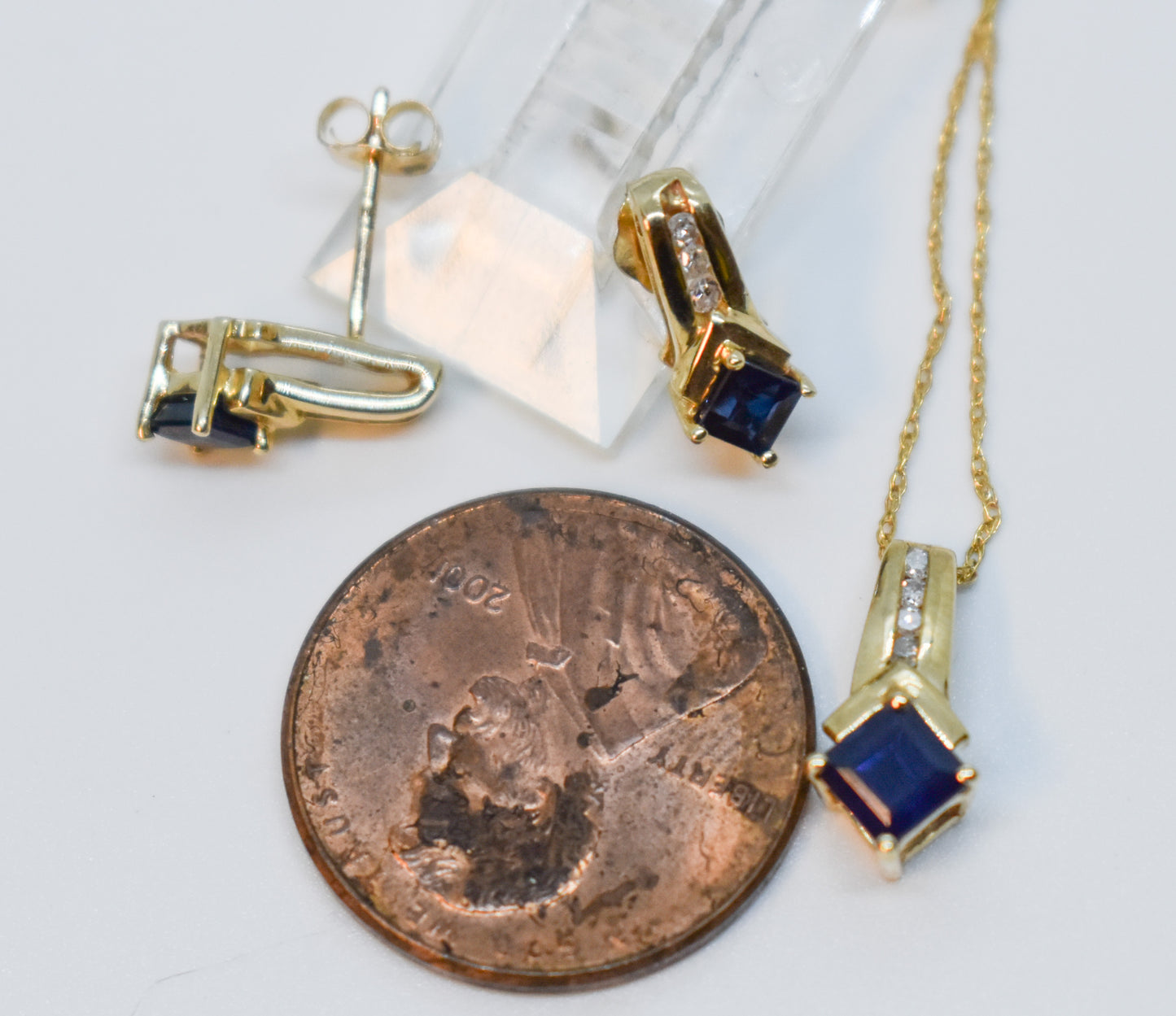 Vintage 10k Yellow Gold Sapphire & Diamond Necklace + Earrings Set