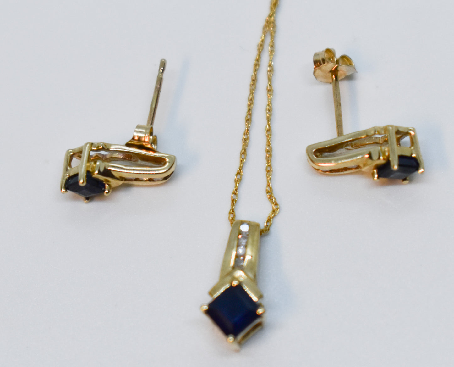 Vintage 10k Yellow Gold Sapphire & Diamond Necklace + Earrings Set