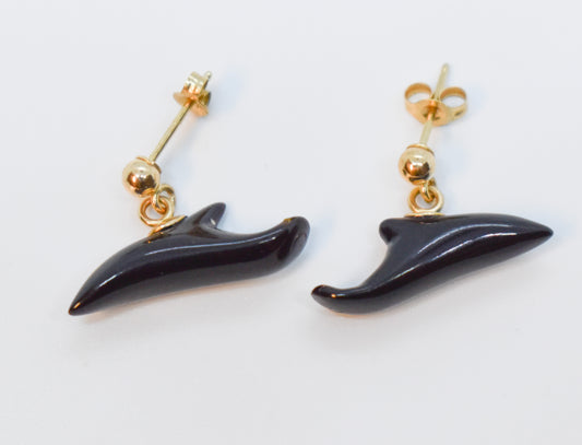 Vintage 14k Yellow Gold Black Coral Dolphin Dangle Stud Earrings