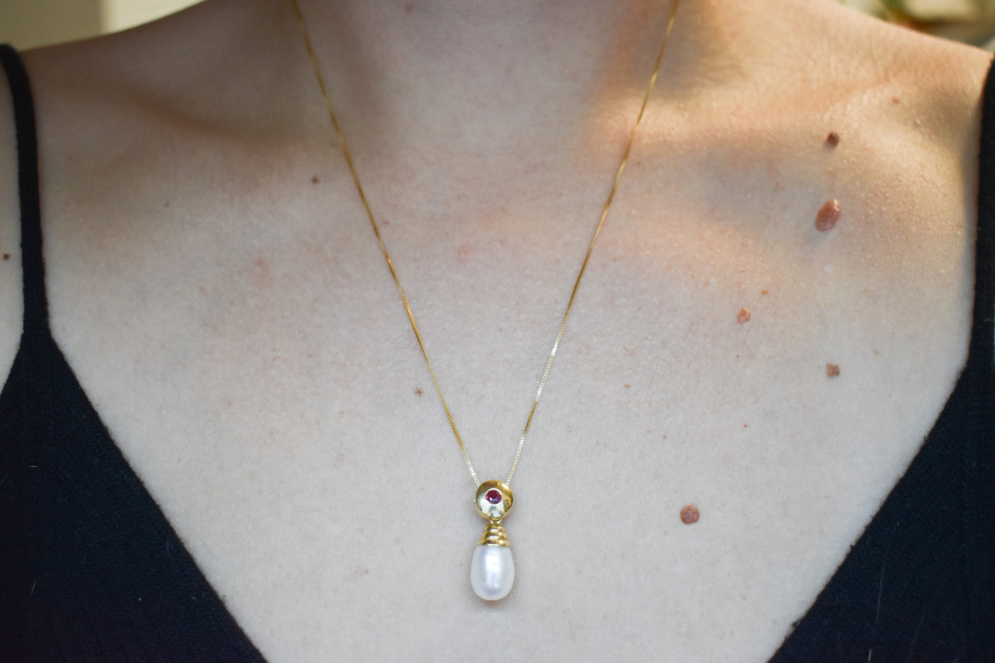 Vintage 14k Yellow Gold Ruby & Pearl Drop Necklace 18"