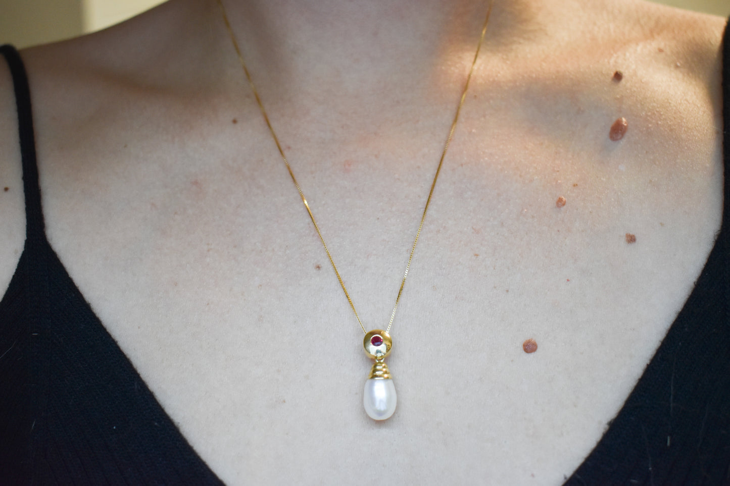 Vintage 14k Yellow Gold Ruby & Pearl Drop Necklace 18"