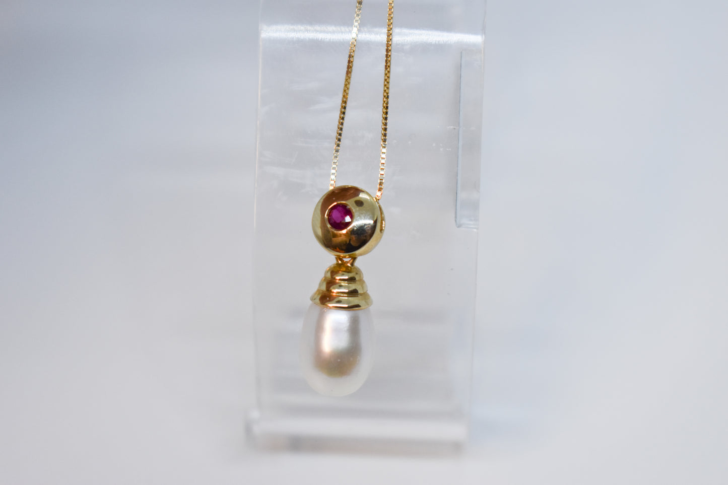 Vintage 14k Yellow Gold Ruby & Pearl Drop Necklace 18"