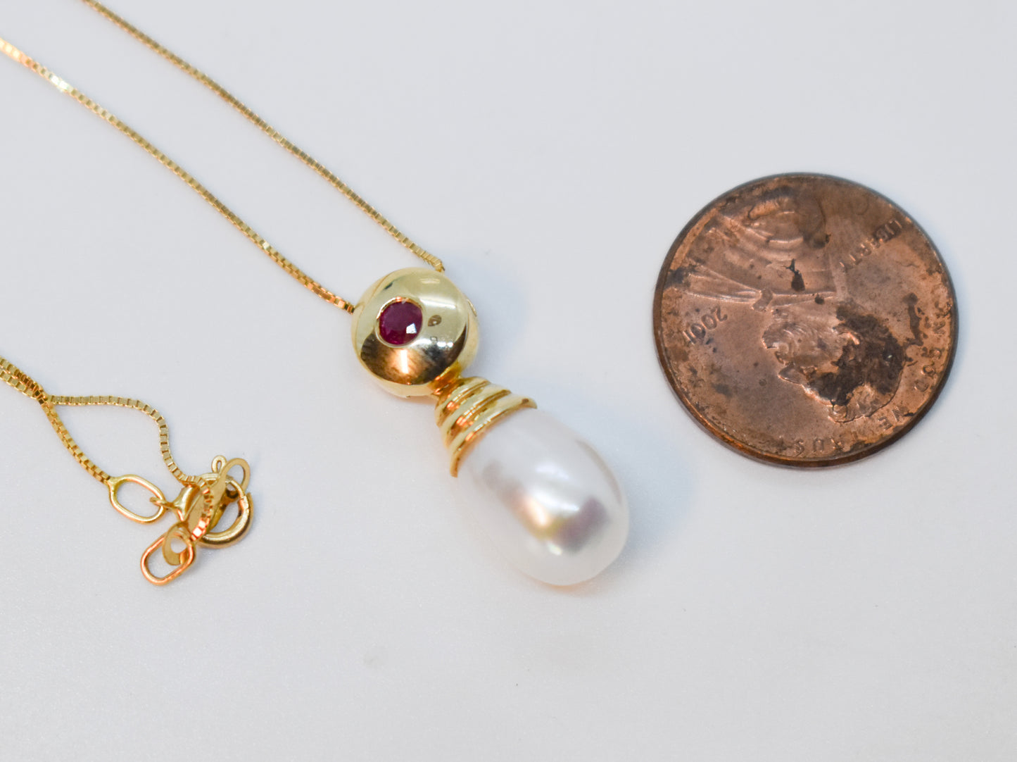 Vintage 14k Yellow Gold Ruby & Pearl Drop Necklace 18"