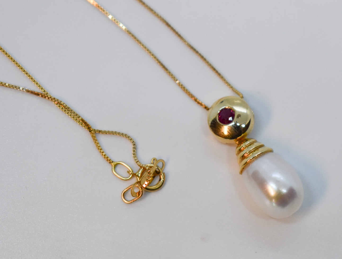 Vintage 14k Yellow Gold Ruby & Pearl Drop Necklace 18"