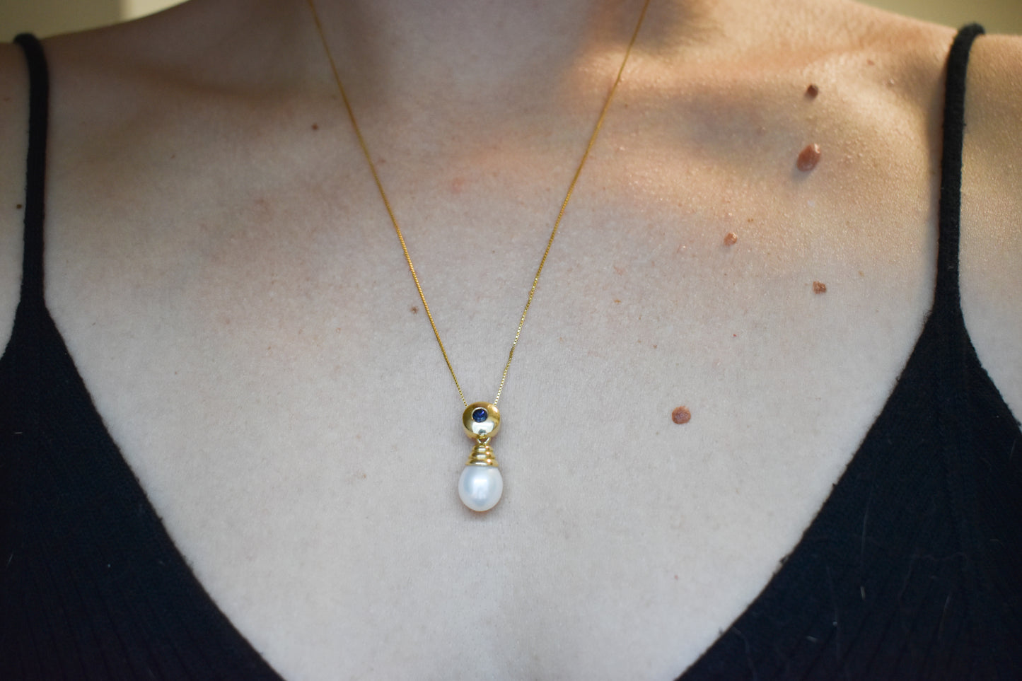 Vintage 14k Yellow Gold Sapphire & Pearl Drop Necklace 18"