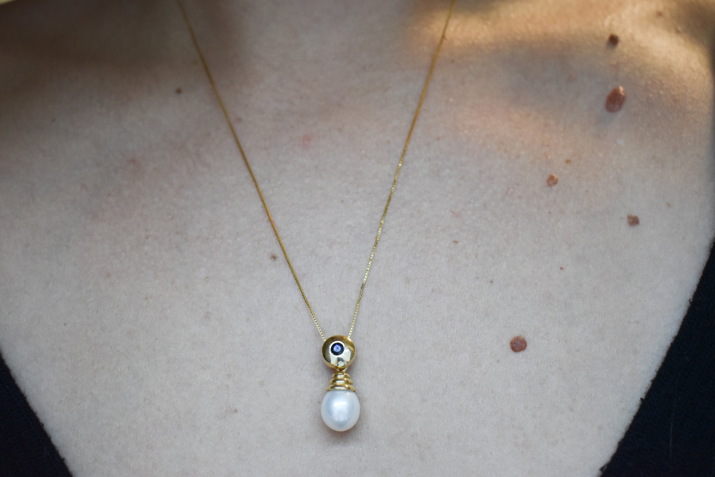 Vintage 14k Yellow Gold Sapphire & Pearl Drop Necklace 18"