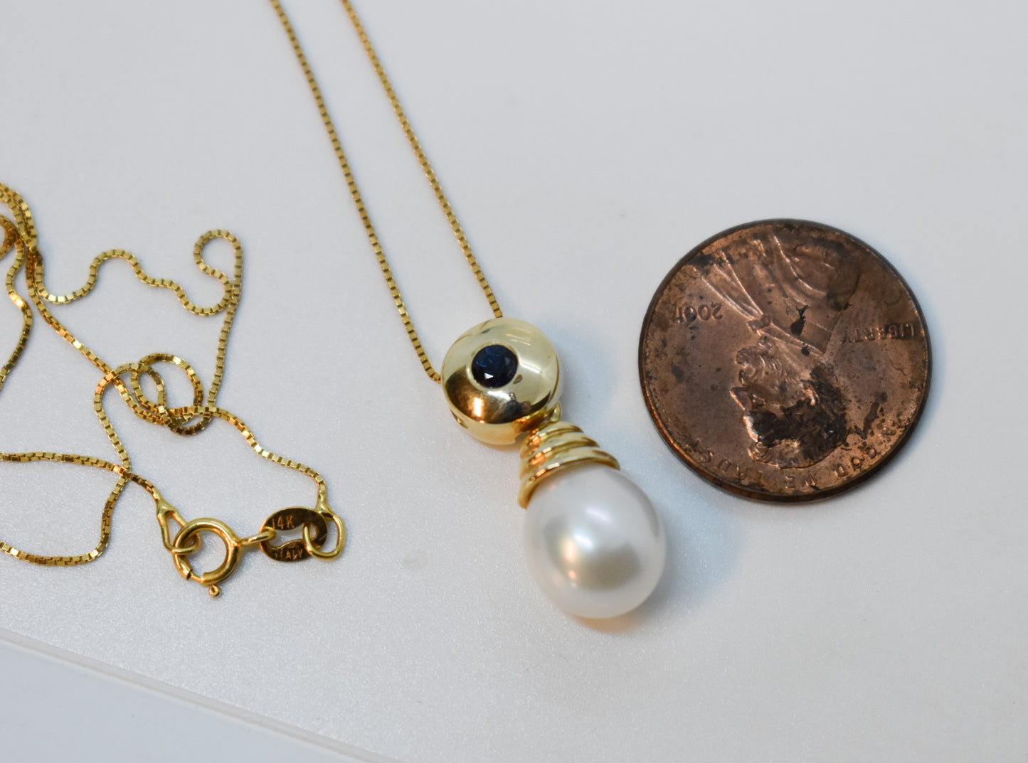 Vintage 14k Yellow Gold Sapphire & Pearl Drop Necklace 18"