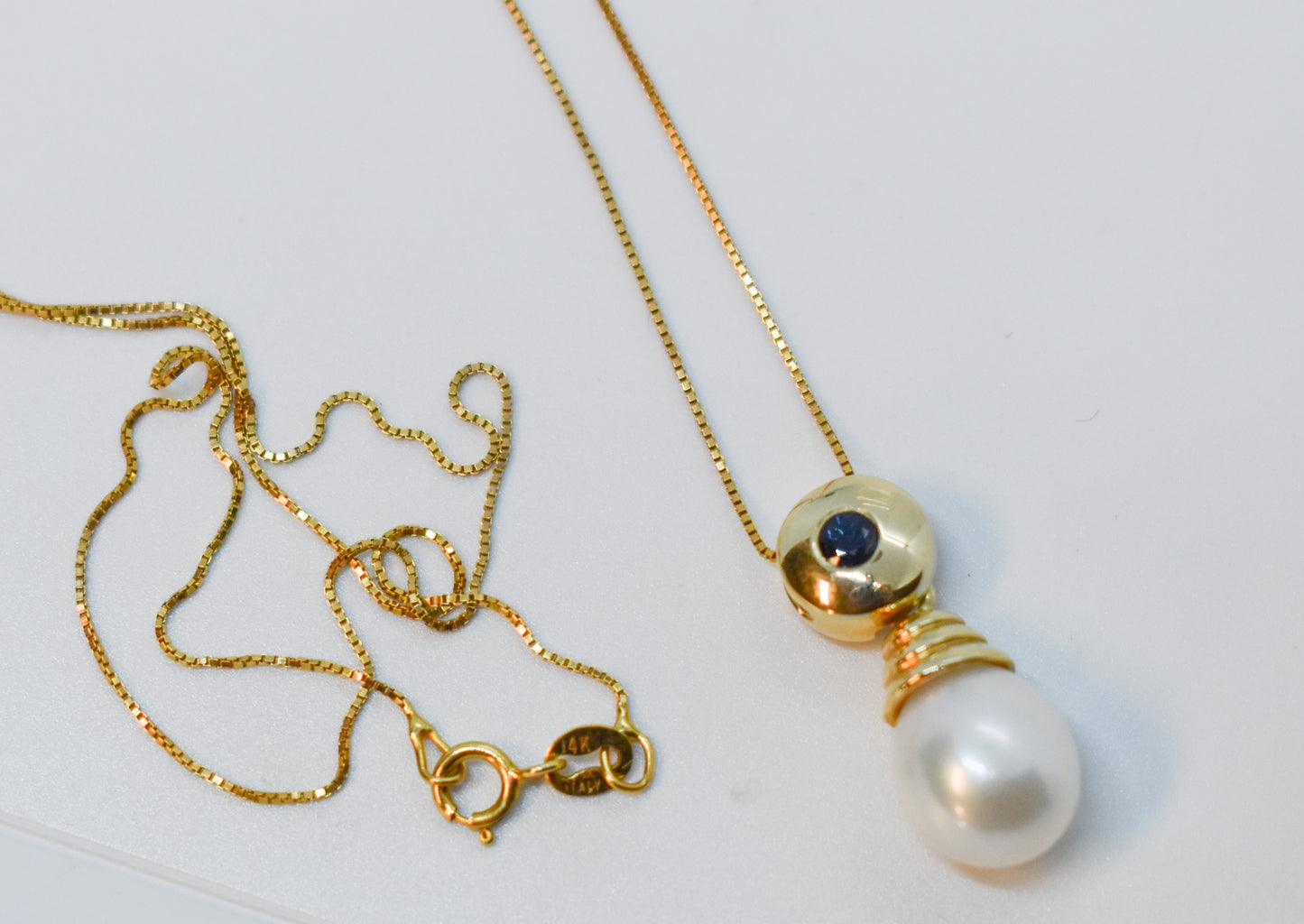 Vintage 14k Yellow Gold Sapphire & Pearl Drop Necklace 18"