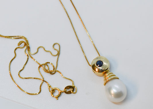 Vintage 14k Yellow Gold Sapphire & Pearl Drop Necklace 18"