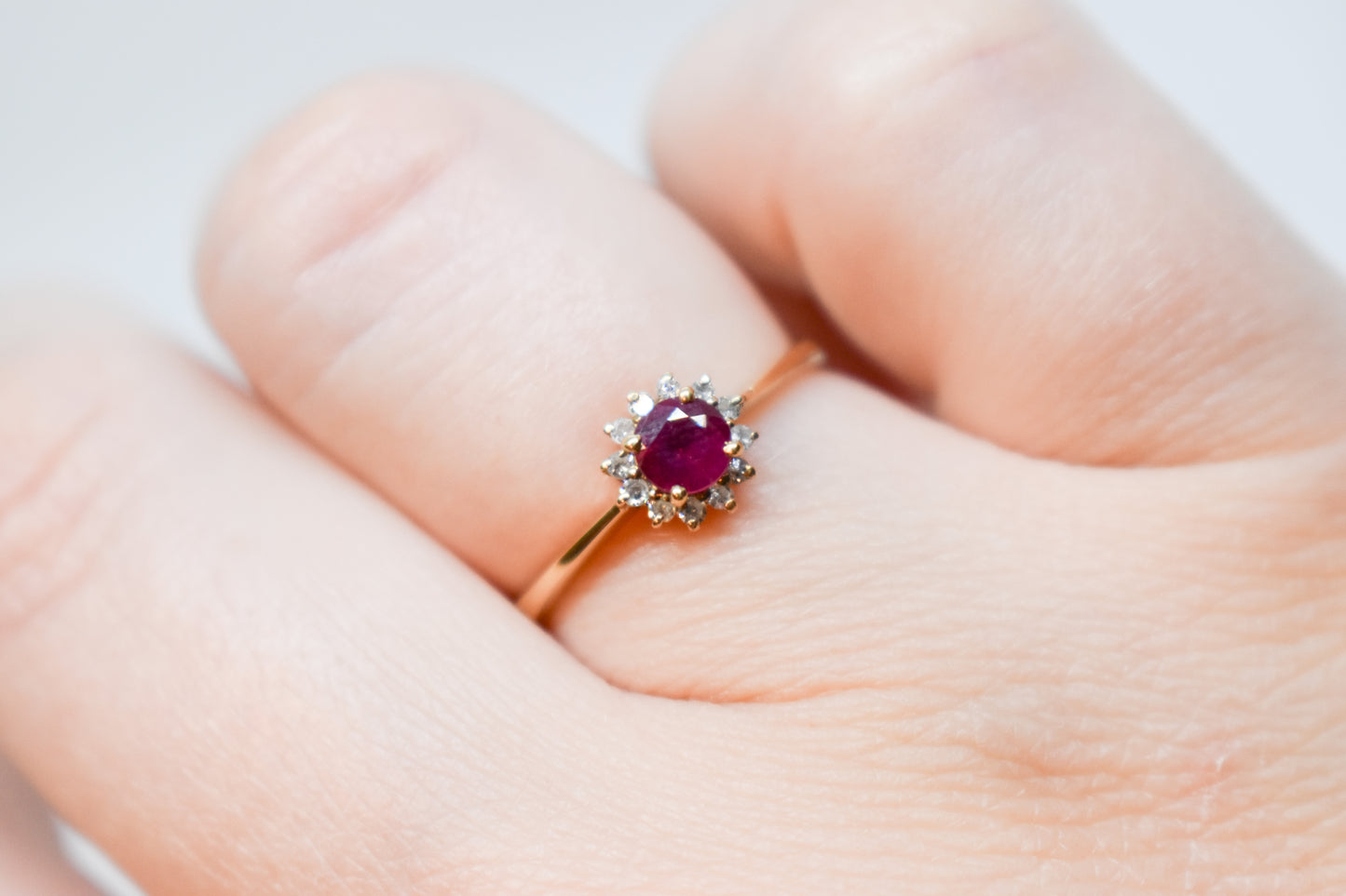 Vintage 14k Yellow Gold Ruby & Diamond Halo Ring – PJS Size 6 1/2