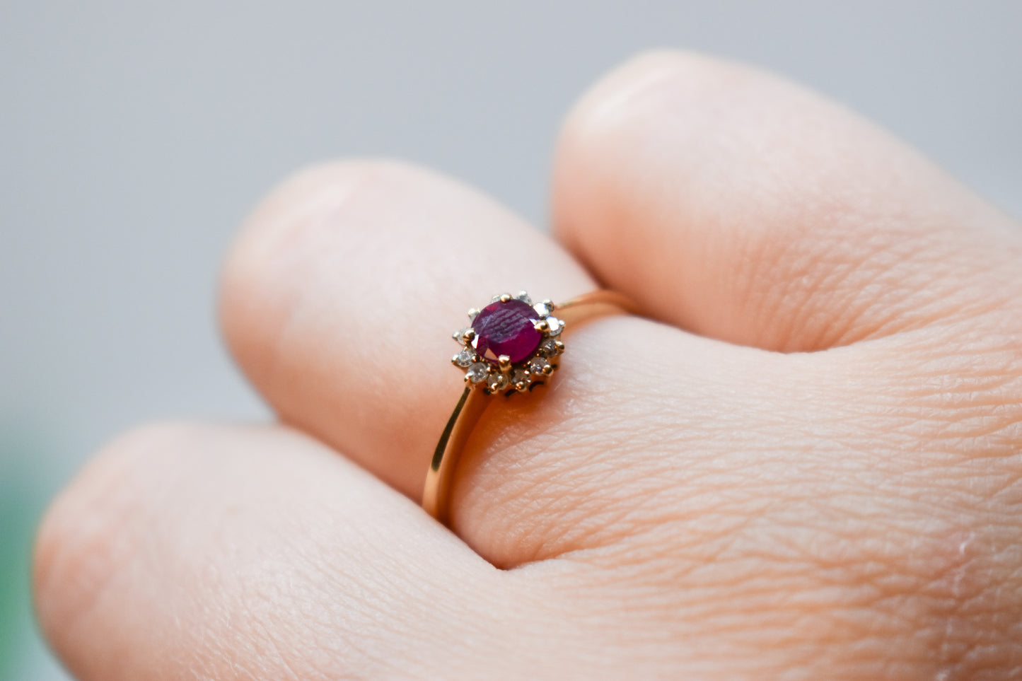 Vintage 14k Yellow Gold Ruby & Diamond Halo Ring – PJS Size 6 1/2
