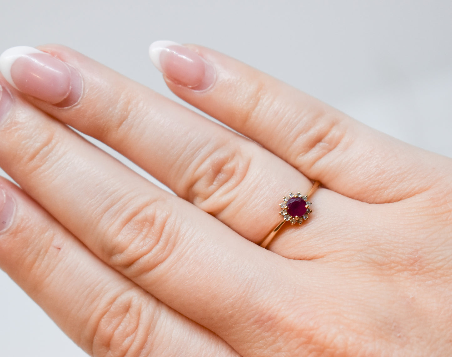 Vintage 14k Yellow Gold Ruby & Diamond Halo Ring – PJS Size 6 1/2
