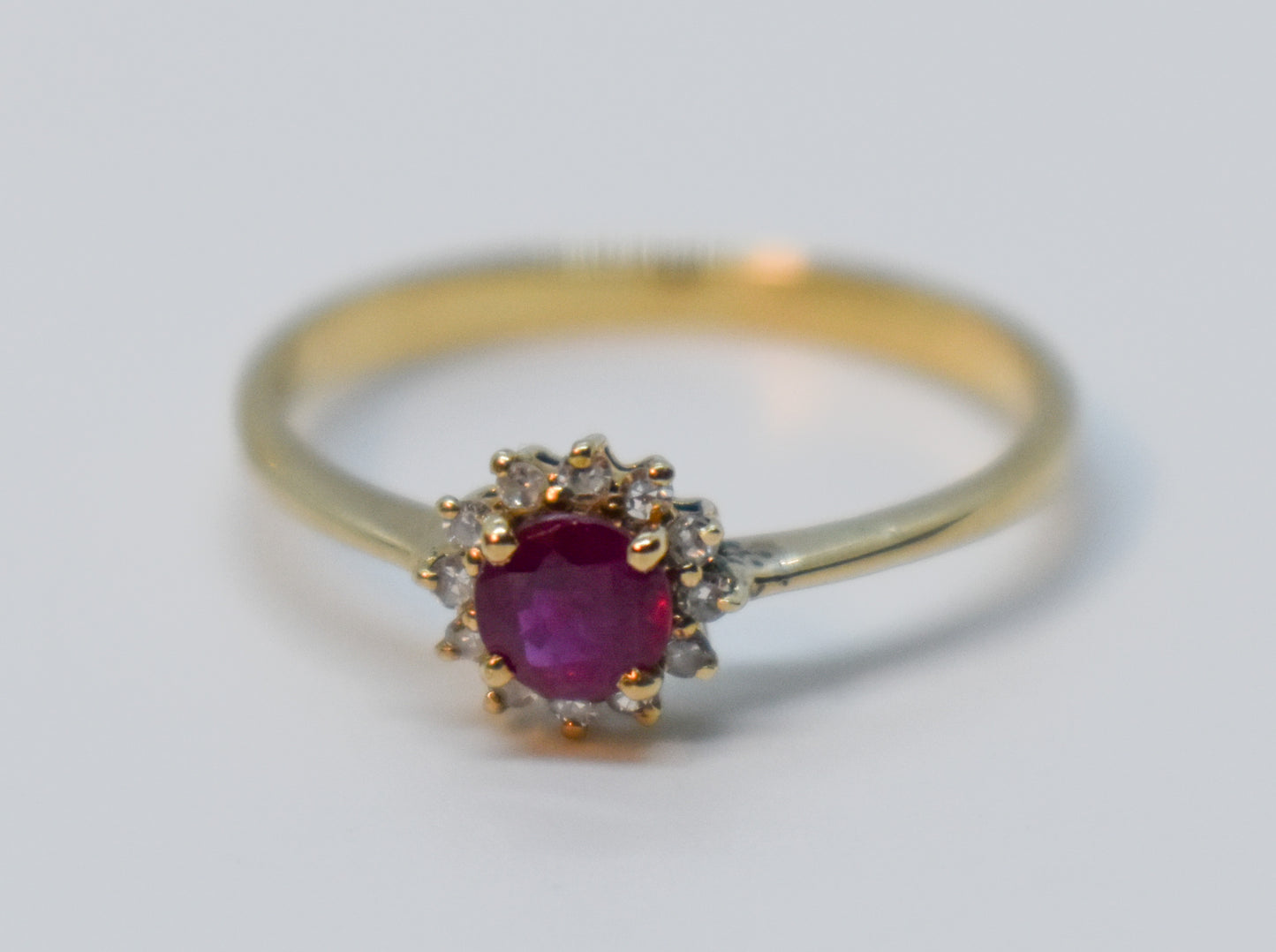 Vintage 14k Yellow Gold Ruby & Diamond Halo Ring – PJS Size 6 1/2
