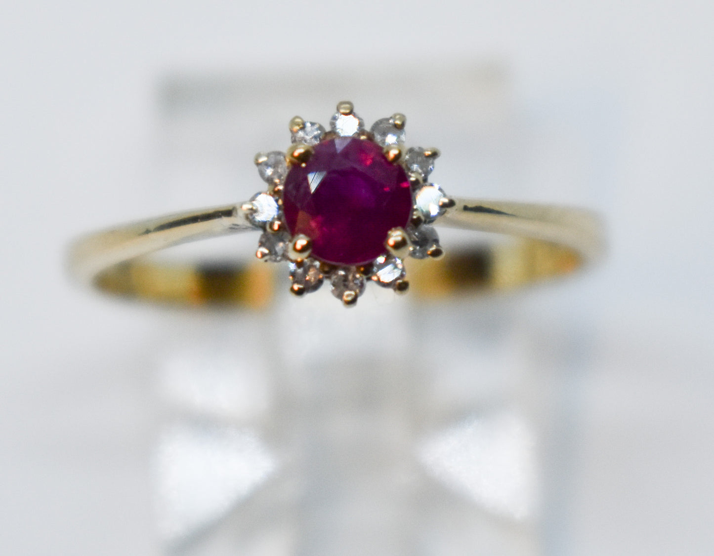 Vintage 14k Yellow Gold Ruby & Diamond Halo Ring – PJS Size 6 1/2