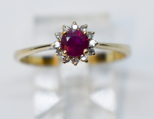 Vintage 14k Yellow Gold Ruby & Diamond Halo Ring – PJS Size 6 1/2