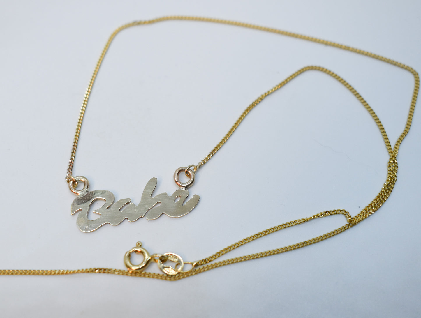 Handmade 14k Yellow Gold "Babe" Script Nameplate Necklace – JensterJewels