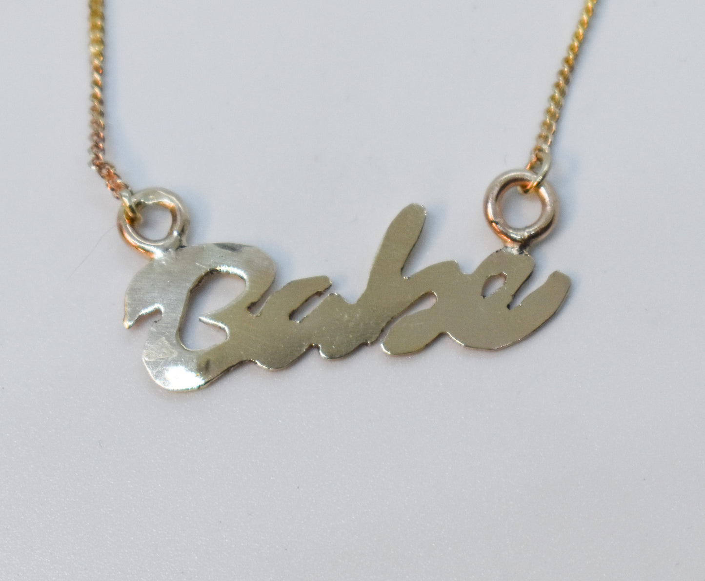 Handmade 14k Yellow Gold "Babe" Script Nameplate Necklace – JensterJewels