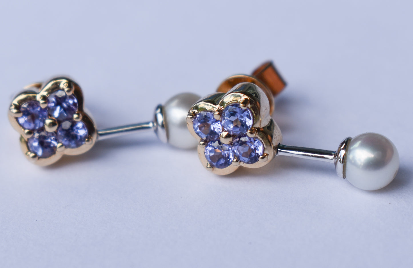 Vintage 14k Yellow Gold Tanzanite & Pearl Drop Earrings