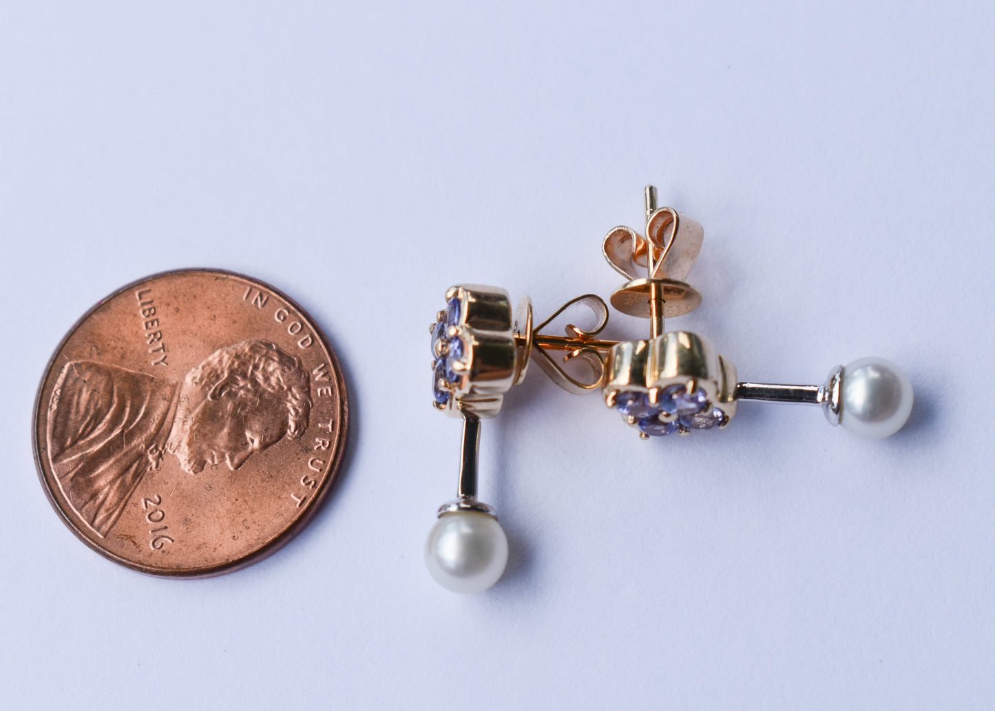 Vintage 14k Yellow Gold Tanzanite & Pearl Drop Earrings