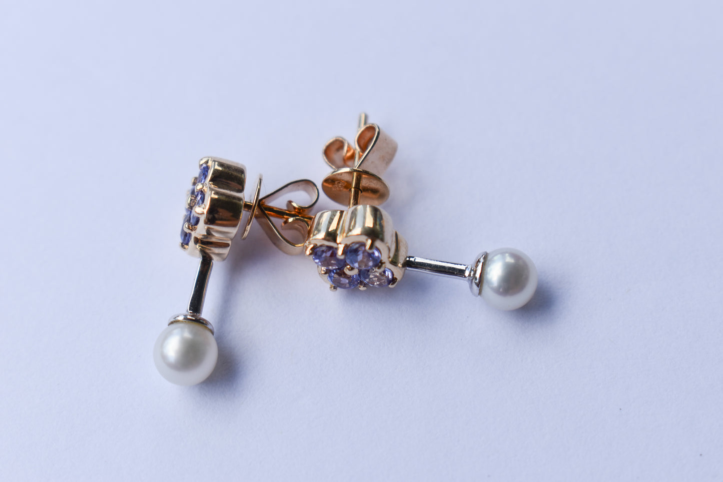 Vintage 14k Yellow Gold Tanzanite & Pearl Drop Earrings
