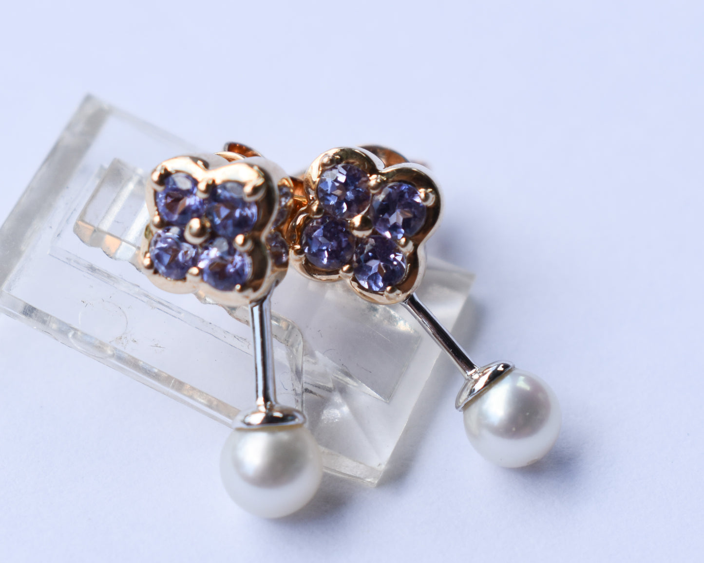 Vintage 14k Yellow Gold Tanzanite & Pearl Drop Earrings