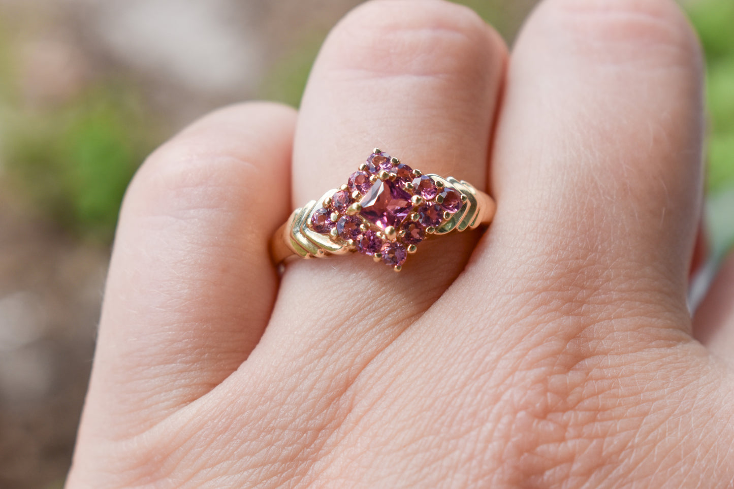 Vintage 14k Yellow Gold Pink Tourmaline Cluster Ring Size 9 1/4