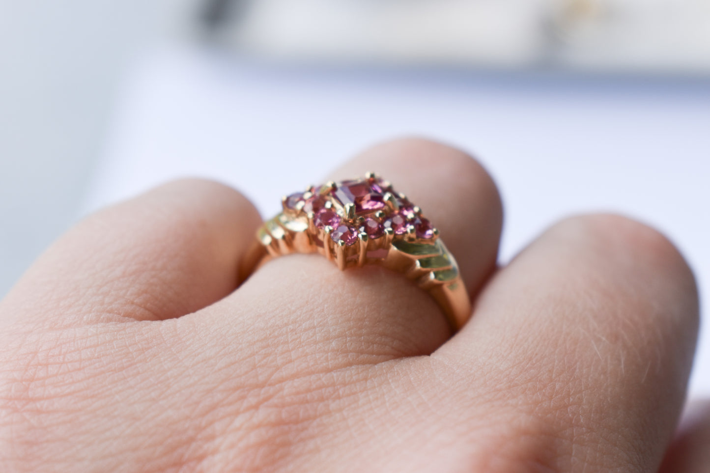 Vintage 14k Yellow Gold Pink Tourmaline Cluster Ring Size 9 1/4