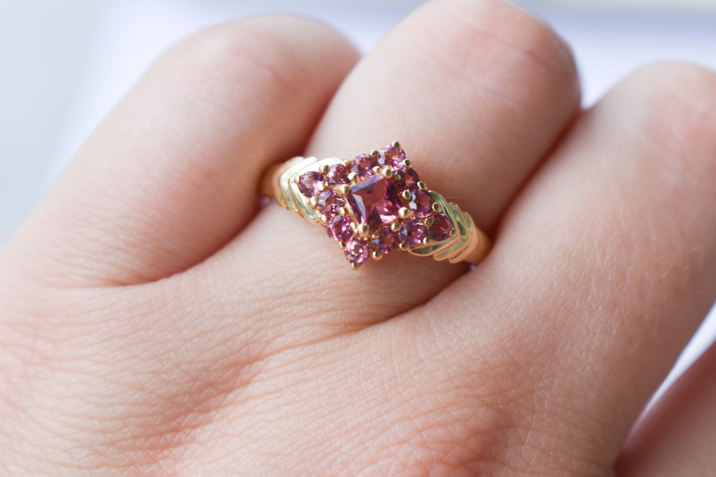 Vintage 14k Yellow Gold Pink Tourmaline Cluster Ring Size 9 1/4