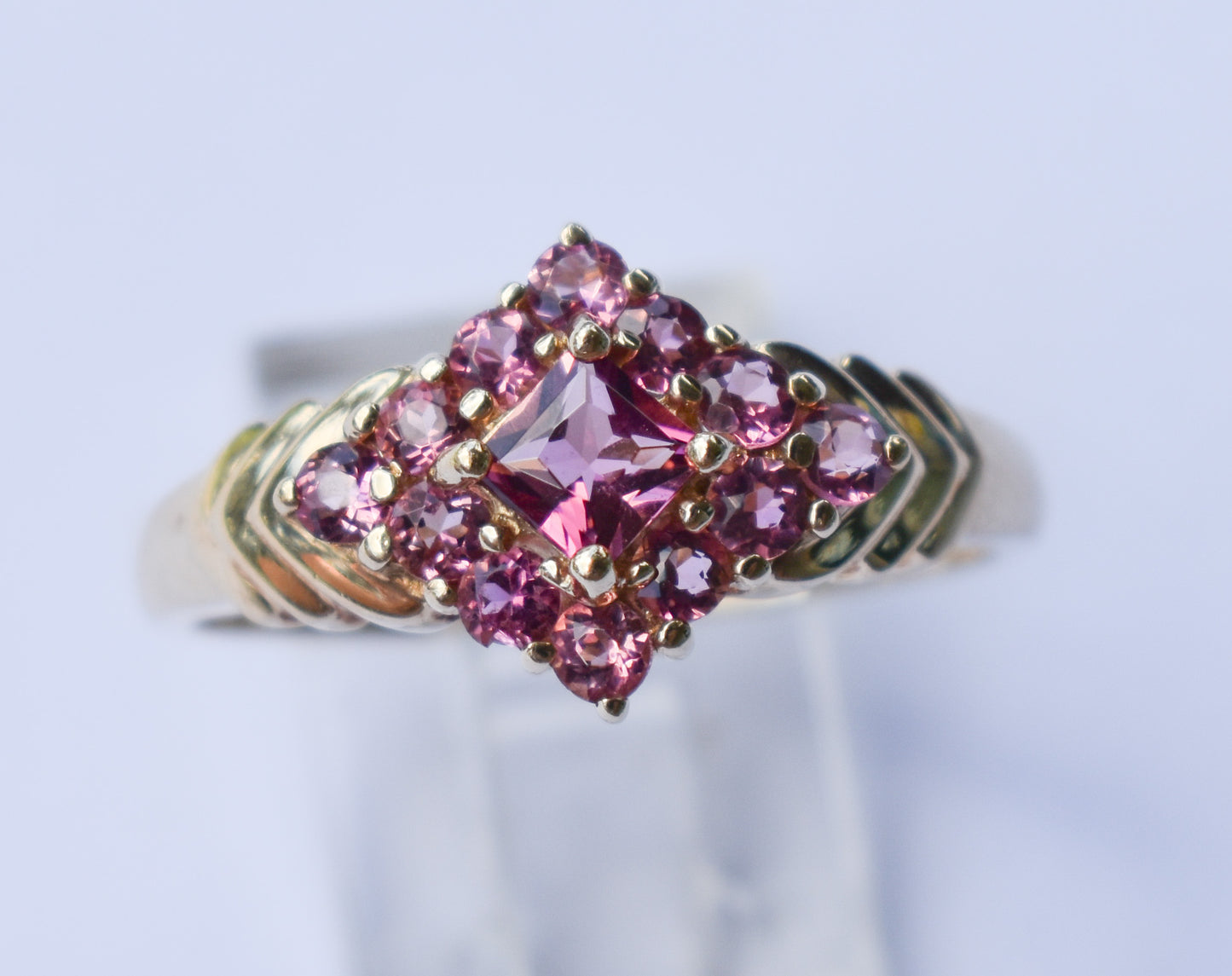 Vintage 14k Yellow Gold Pink Tourmaline Cluster Ring Size 9 1/4