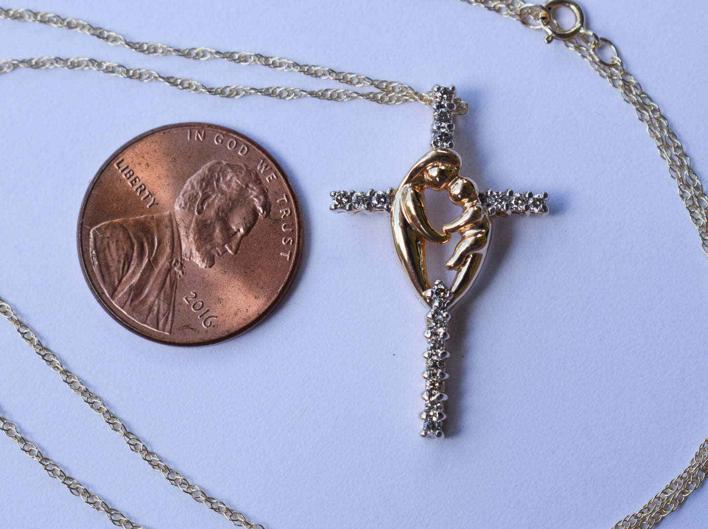 Vintage 14k Yellow Gold Mother & Child Diamond Cross Pendant with Chain