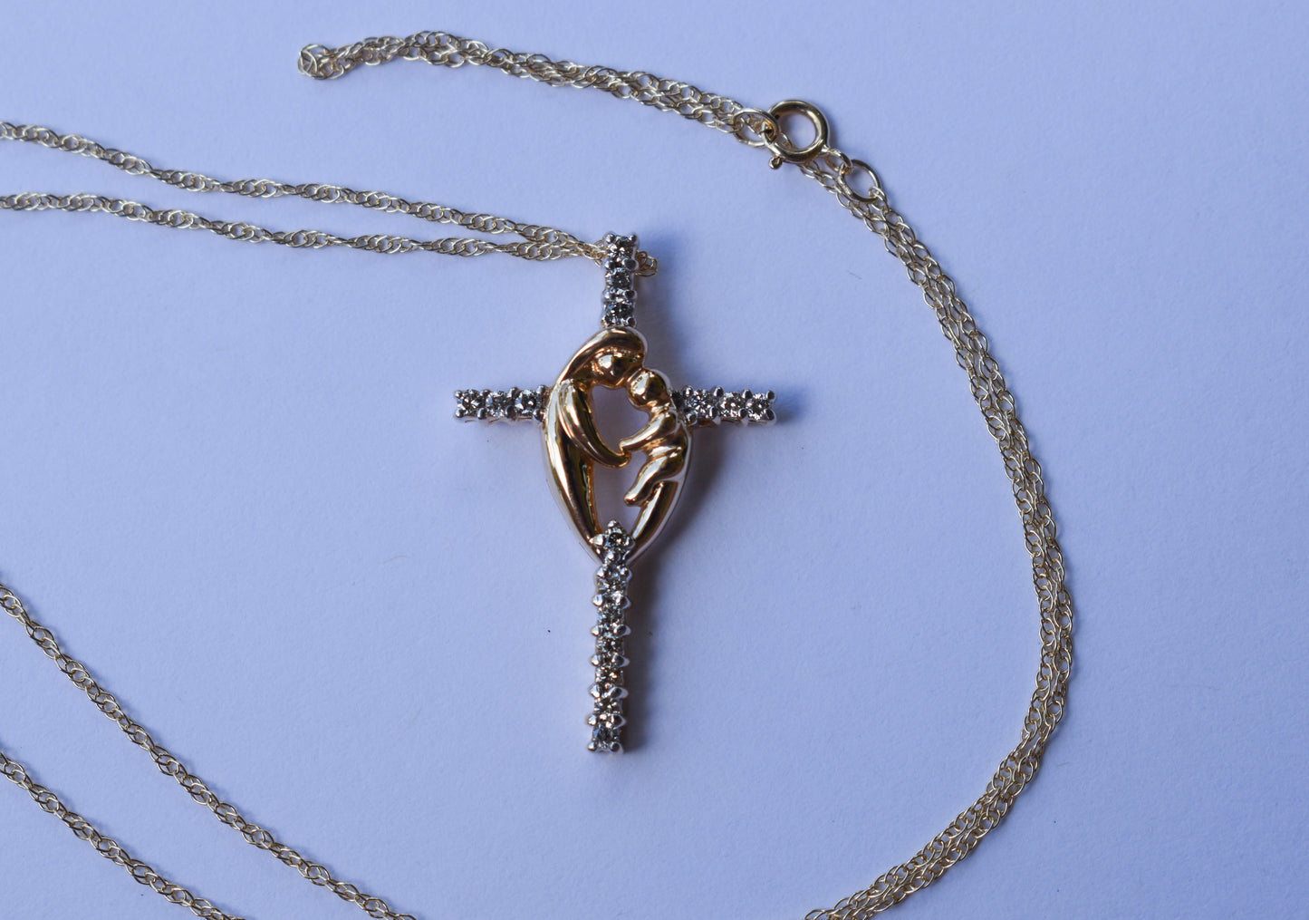 Vintage 14k Yellow Gold Mother & Child Diamond Cross Pendant with Chain