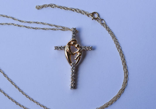 Vintage 14k Yellow Gold Mother & Child Diamond Cross Pendant with Chain