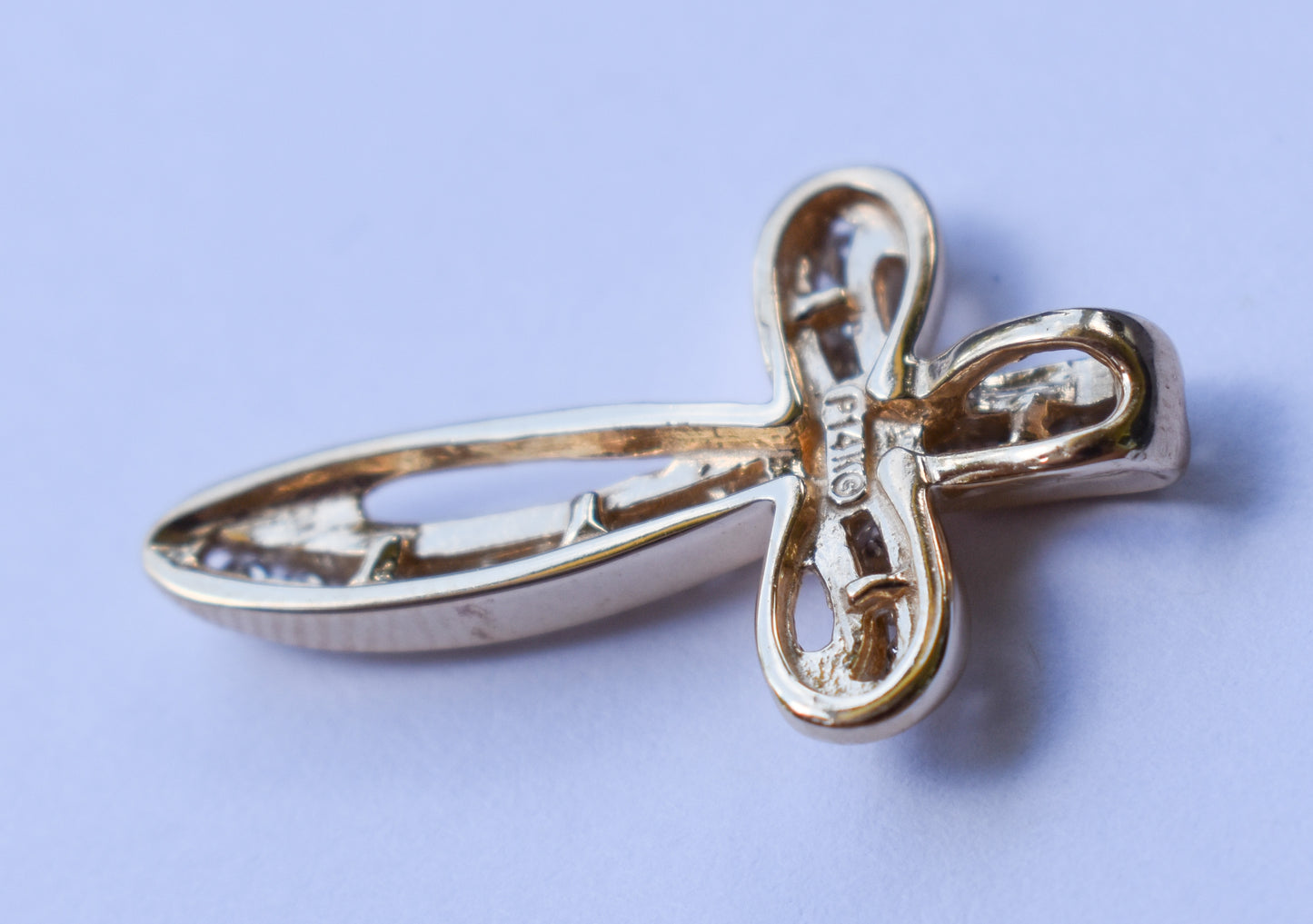 Vintage 14k Yellow Gold Diamond Twisted Ribbon Cross Pendant