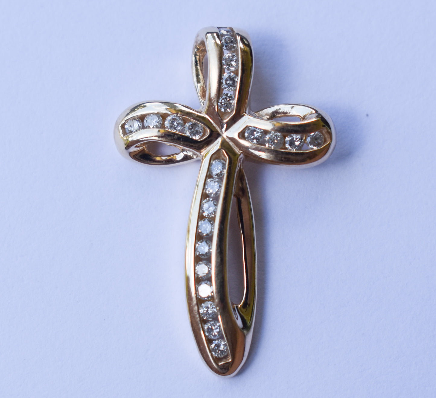 Vintage 14k Yellow Gold Diamond Twisted Ribbon Cross Pendant