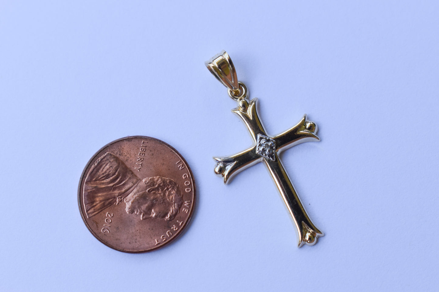 Vintage 14k Yellow Gold Hollow Cross Pendant with Diamond